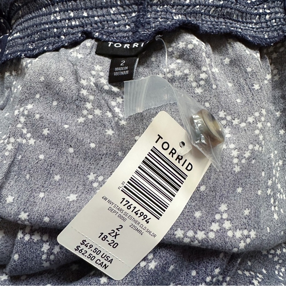 NWT! TORRID navy star print off shoulder top, 2X. - Picture 9 of 10
